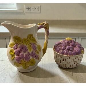 Vintage Majolica Style Grapevine Pitcher & Lidded Bowl Set Cottagecore Farmhouse